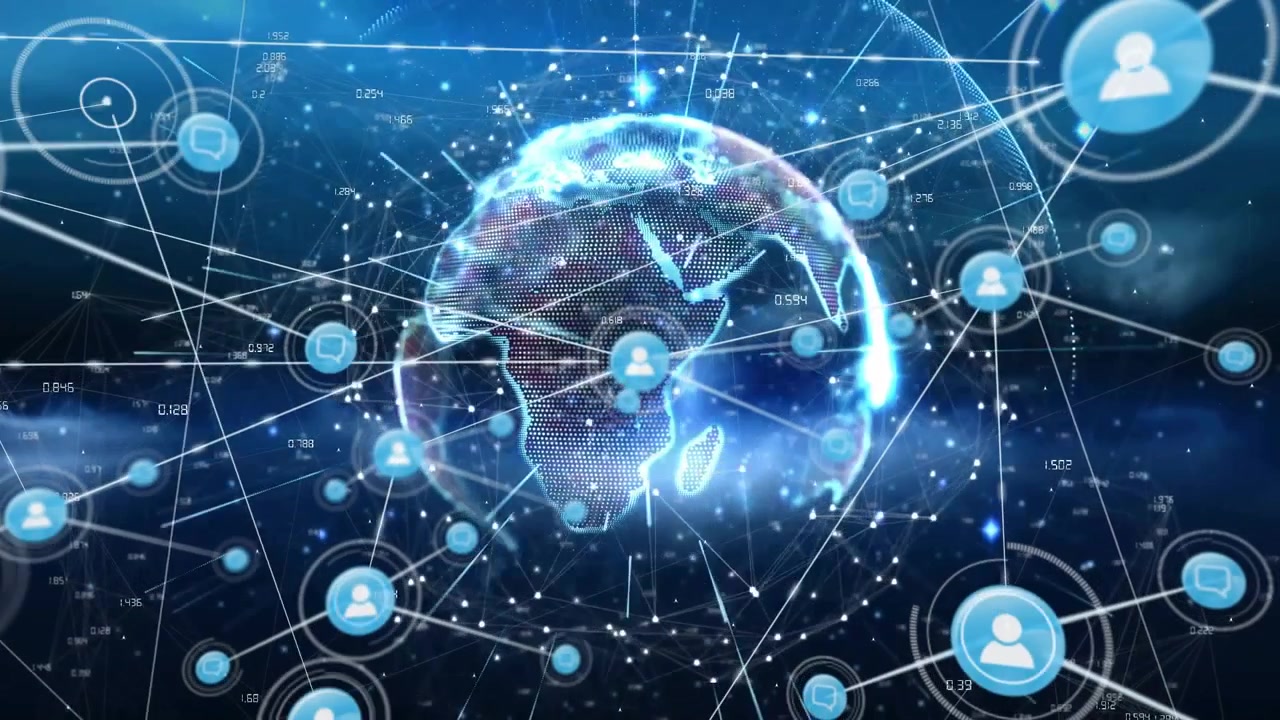 On user icon fading in, globe rotating, sending glowing lines connecting nodes to visualize network