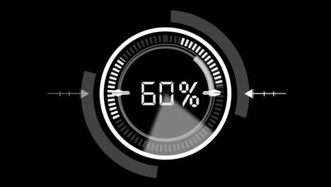 interfaz de usuario de círculo hud con número de porcentaje de 0 a 100 contando en fondo negro. tema de búsqueda y escaneo de elementos de objetivo. ui digital y circular de ciencia ficción. video de imágenes gráficas de movimiento 4k.