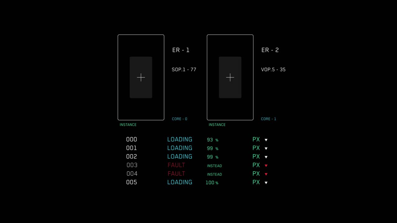 Animated futuristic user interface showing data loading progress bars and a system fault report. HUD overlay for technology, sci-fi, or computer themes