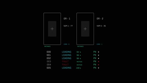 animated futuristic user interface showing data loading progress bars and a system fault report. hud overlay for technology, sci-fi, or computer themes