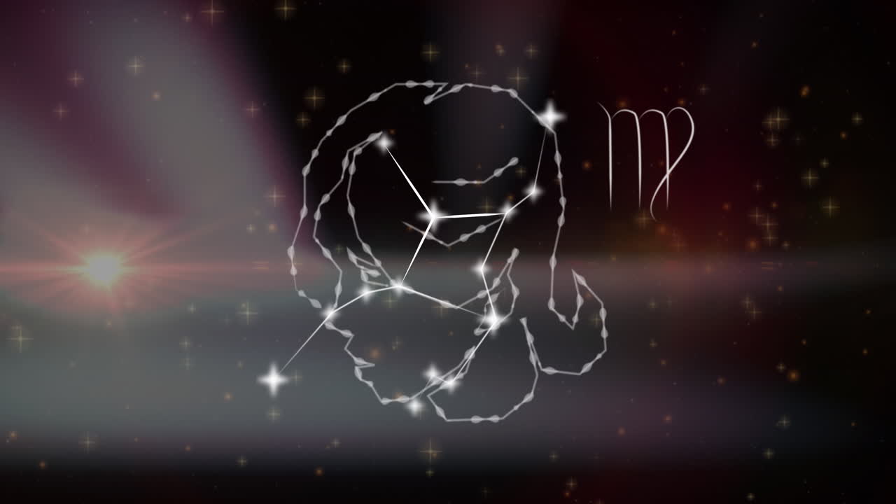 Animation of virgo star sign over clouds in sky in background