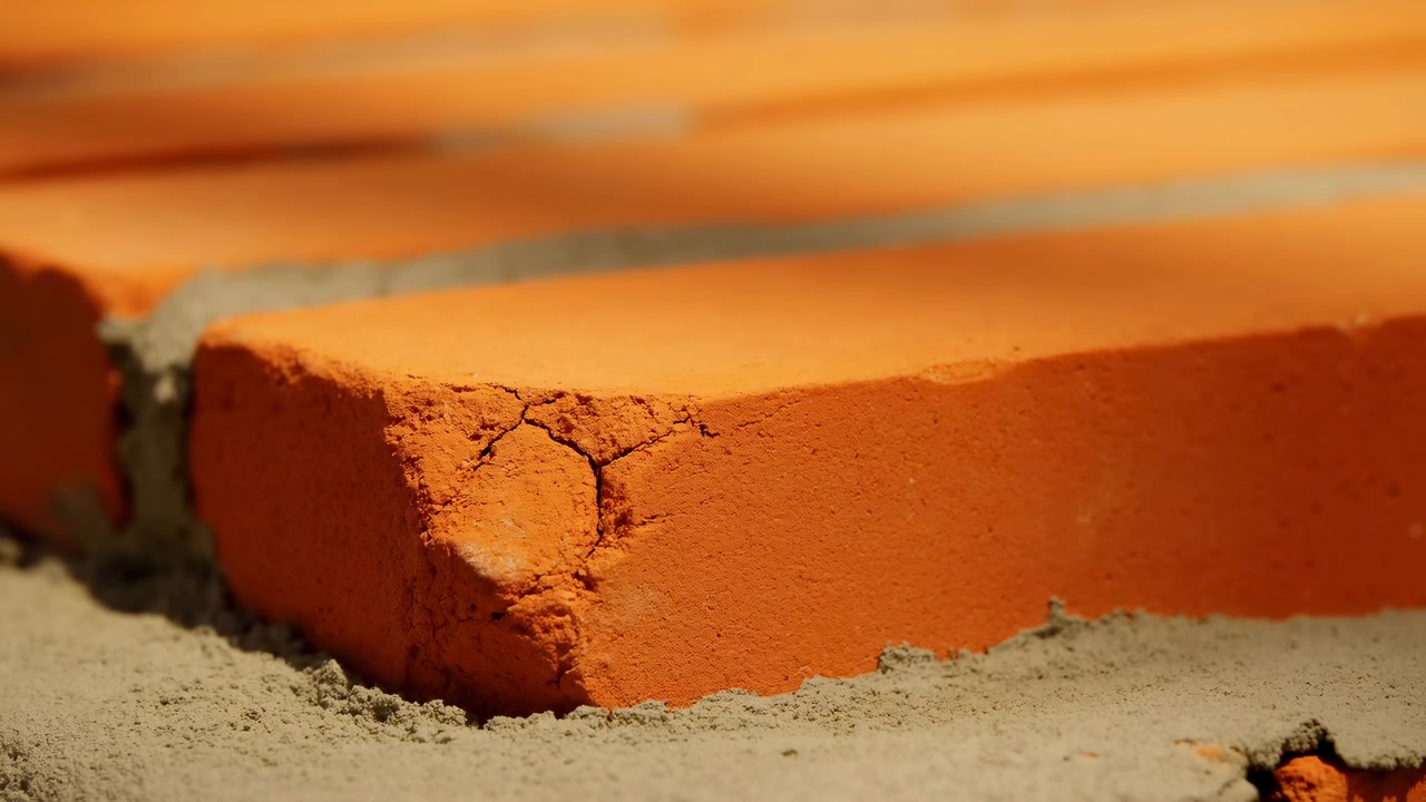Tight view of an orange clay brick resting on fresh gray mortar at the lower right of the frame. The brick shows rough textured face, visible corner cracks