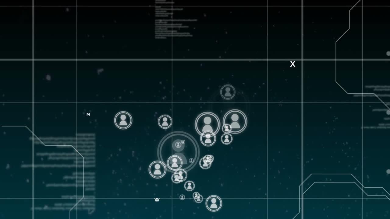 Animation of network of connections with people icons and data processing