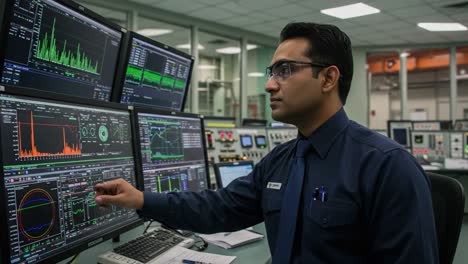 expert operator monitoring data streams in high-tech control room, analyzing graphs and metrics for seamless operational efficiency and precision management