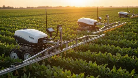 advanced agricultural robotics in action: automated machines navigating through lush green fields at sunset for efficient crop management