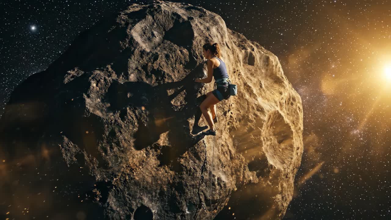 Abenteuerlustige Frau klettert auf einem massiven Asteroiden im Weltall