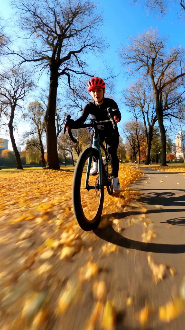 Cyclist Riding Through Autumn Leaves in a Park