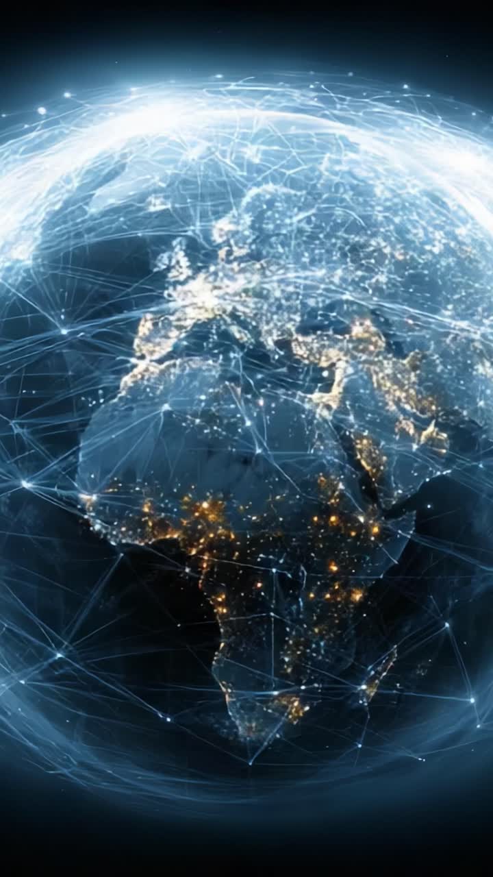 Una rappresentazione fantastica della Terra che mette in risalto la connettività globale con regioni illuminate e modelli di rete dinamici in un universo digitale