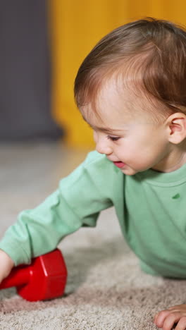 curious toddler crawling up to the red dumbbells with interest. adorable child takes one dumbbell and rolls it by the carpet. blurred backdrop. vertical video