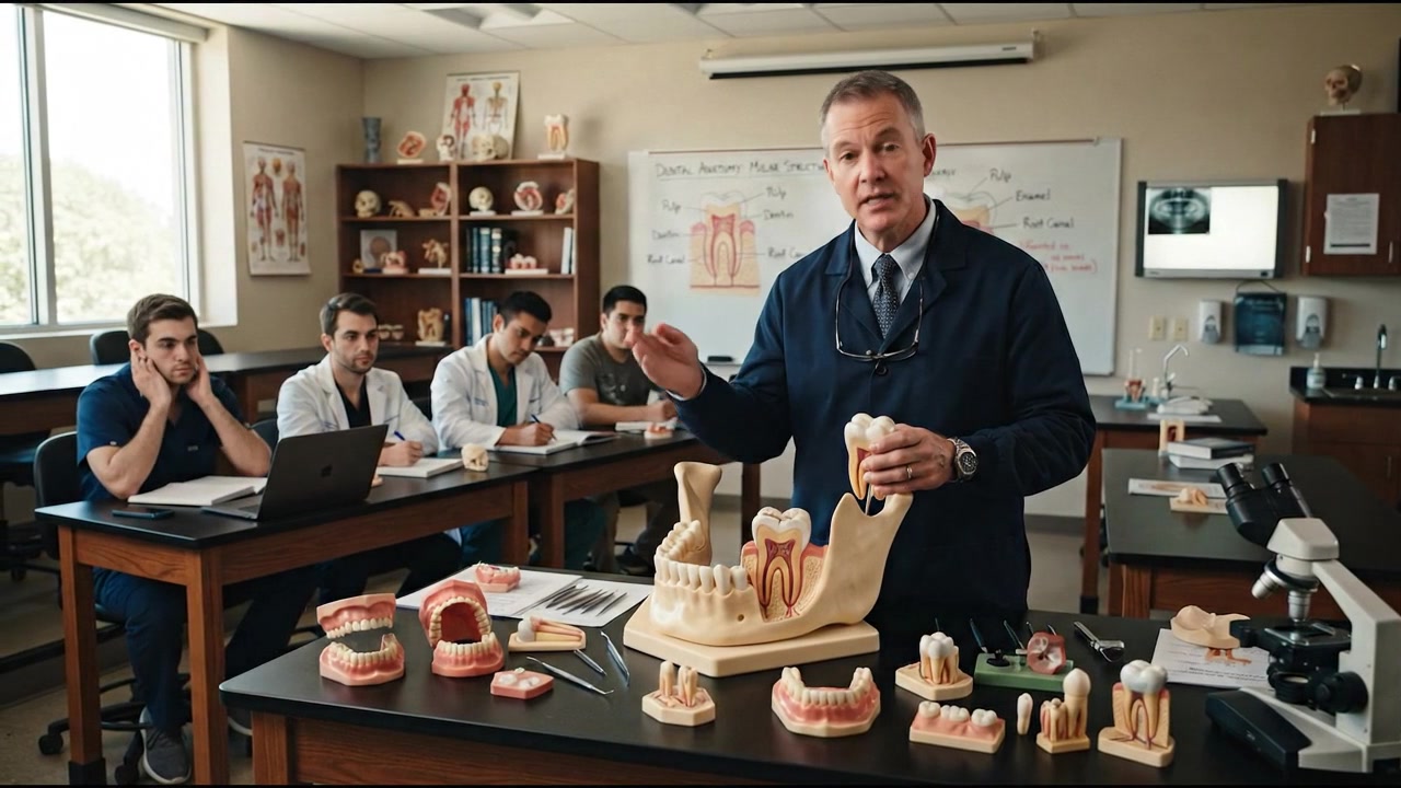 Dental Professor Teaching Anatomy to Students in Classroom