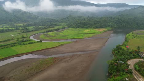 panorama de un campo con un bosque tropical exuberante en el fondo durante el amanecer en catanduanes, filipinas