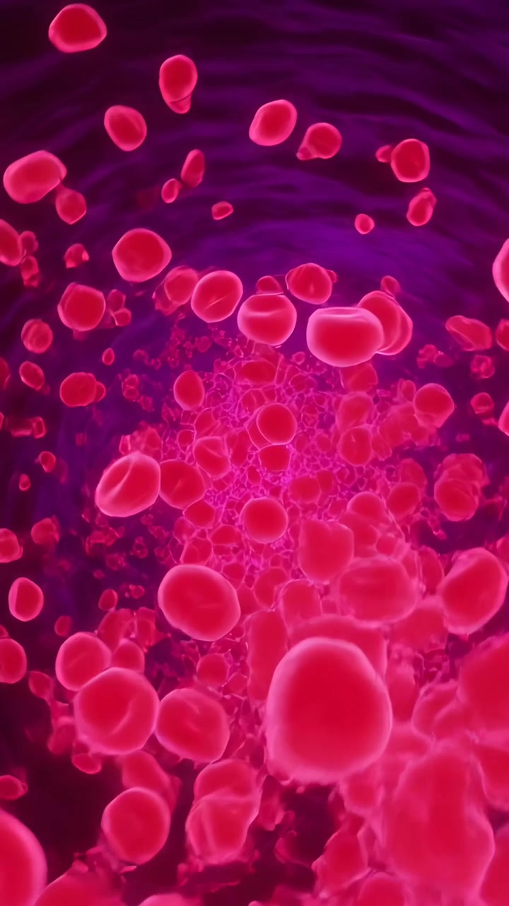 Vertical video: Advancing camera following red blood cells streaming through lumen, by blood flow