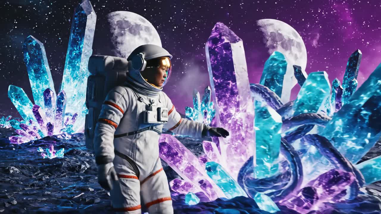 Astronaut udforsker en krystalfyldt fremmed planet