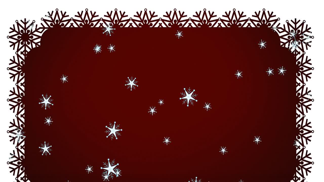 animación de nieve cayendo sobre las decoraciones de navidad sobre fondo borgoña
