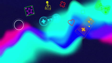 animación de ondas coloridas con iconos de juegos que incluyen joystick, corazón y controlador de juego