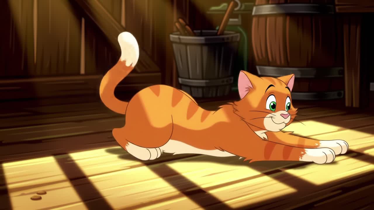 Charming Animated Ginger Cat Relaxing and Stretching in a Warm, Sunlit Barn Setting, Featuring Playful Expressions and a Cozy Atmosphere