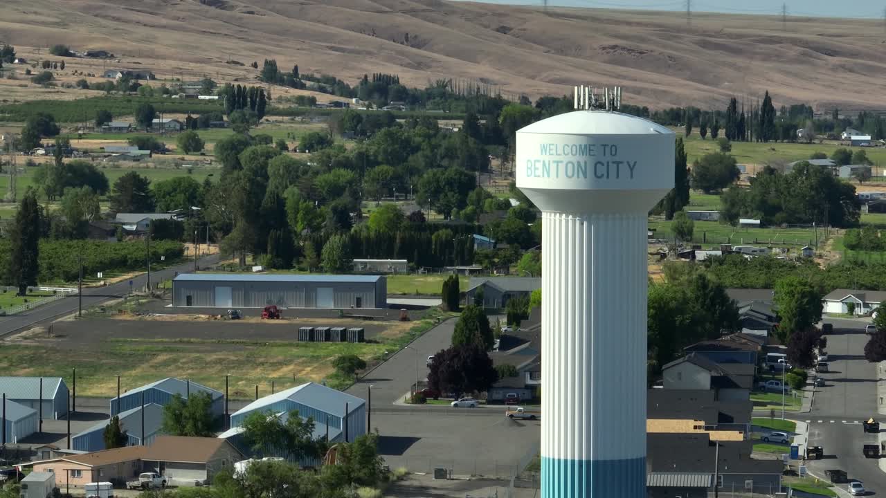 Drone shot of Benton City's water tower on a sunny day
