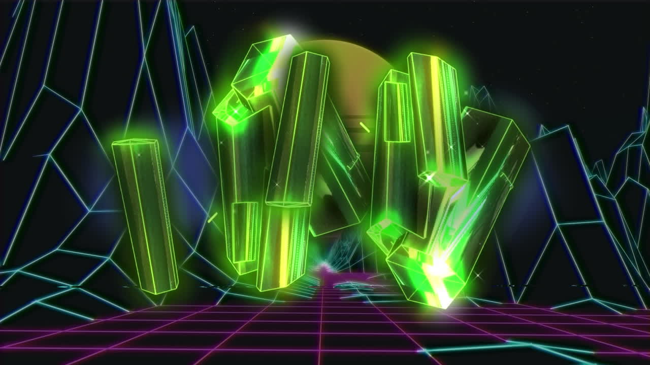 анимация зеленых кристаллических форм над структурами метаверса в беспрепятственном рисунке на черном фоне