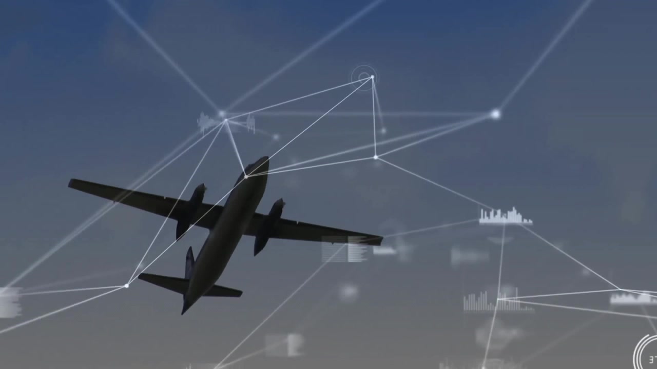 Airplane flying with network connections and data points animation over sky