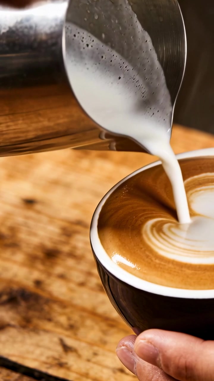 Video verticale: Mano che versa inclinando una brocca, versando il latte in una tazza su un tavolo di legno creando latte art