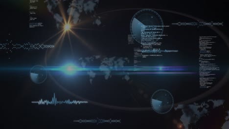 Animación-Del-Procesamiento-De-Datos-Y-Destellos-De-Lente-Sobre-Fondo-Negro