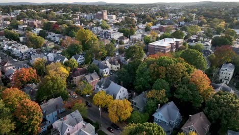 neighborhood in boston massachusetts aerial over homes in community