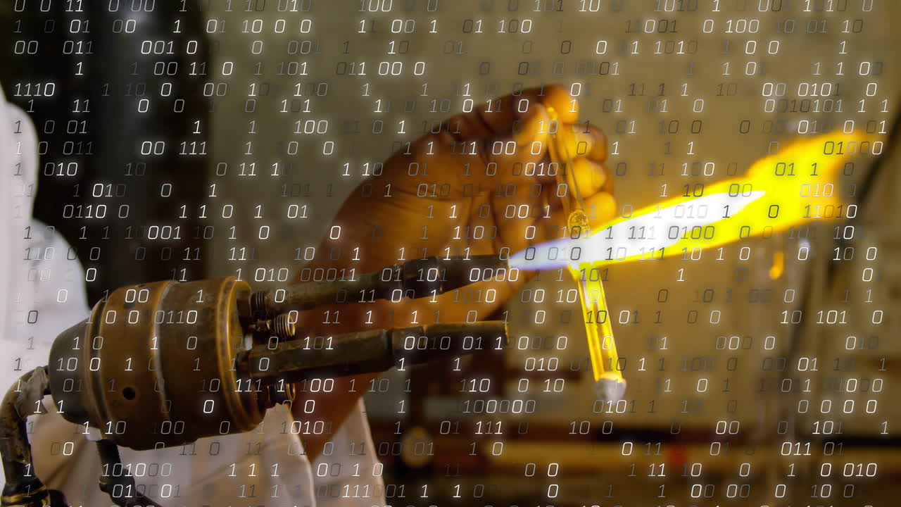 백인 과학자가 실험실에서 플을 가열하는 동안 이진 코딩의 애니메이션