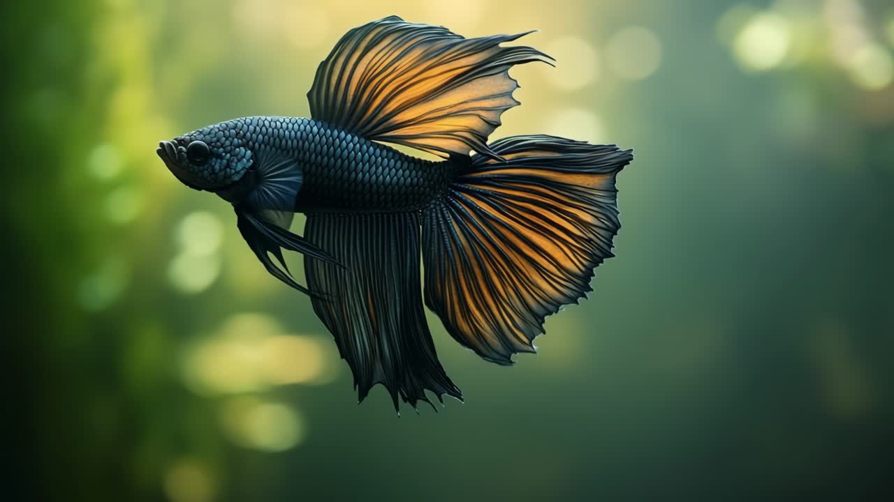 Elegant betta fish swimming in aquascape. A vibrant betta fish glides gracefully through lush aquatic plants, showcasing its striking fins and colors.