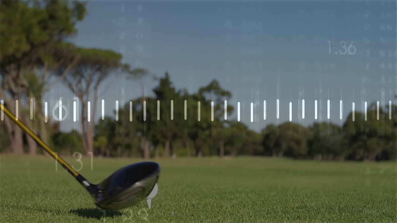 Golf driver head swinging toward ball on fairway, showing 3D render augmented reality data graphics