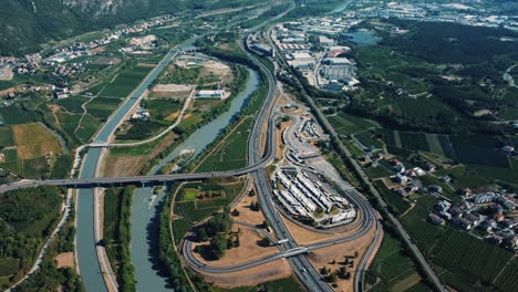 aerial view of highway interchange and river valley