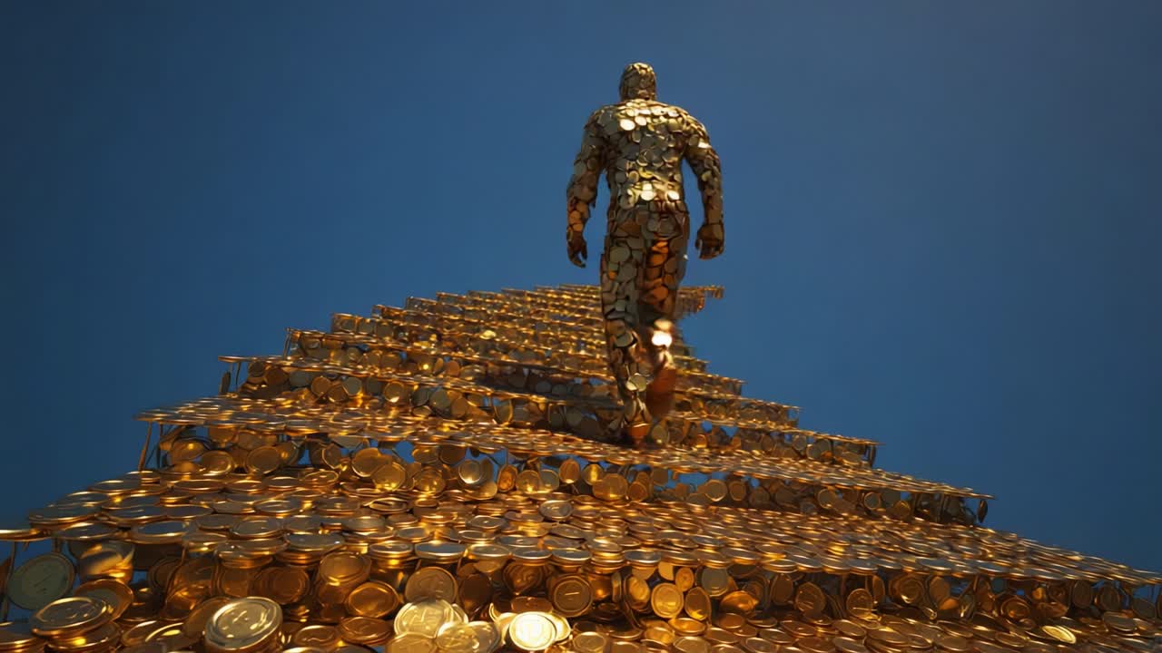 A golden figure ascending a towering staircase made entirely of coins, symbolizing ambition and the pursuit of wealth, against a clear blue sky that amplifies the scene's grandeur and significance