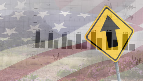 animation of financial data processing and road sign over flag of usa and landscape