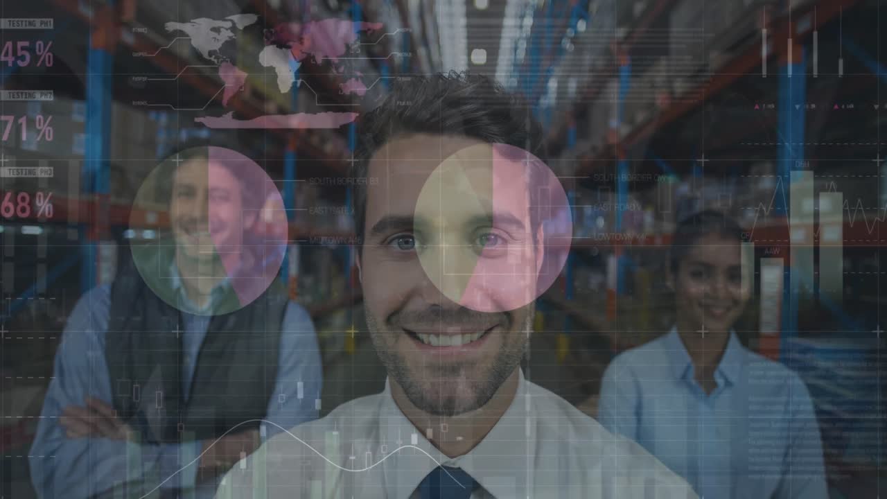 animación de estadísticas y procesamiento de datos financieros sobre el hombre que trabaja en el almacén