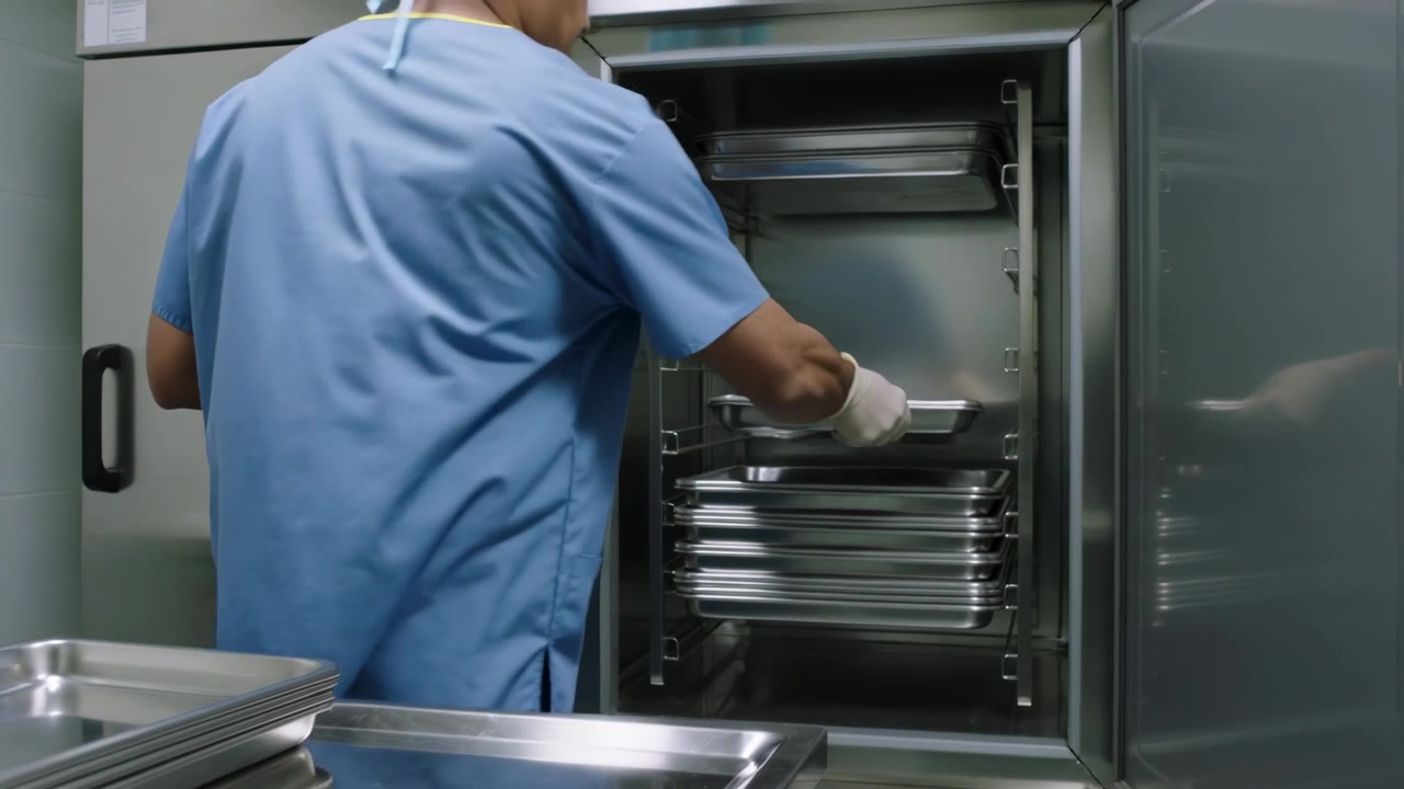Approaching counter holding clipboard, tech in scrubs cap loading trays into autoclave for surgery