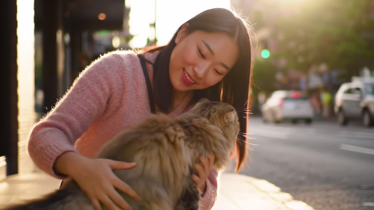 A Heartwarming Moment: A Young Woman Joyfully Interacts with Her Fluffy Cat on a Bright Urban Street, Capturing the Essence of Friendship and Companionship