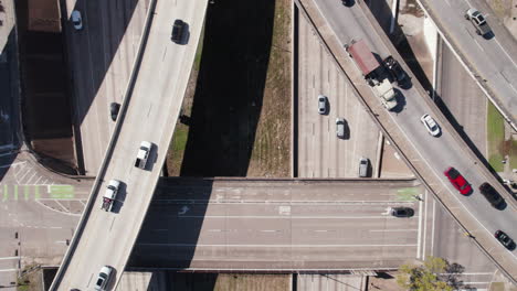 Top-Down-Aerial-View,-American-Highway-Junction-and-Interchange-Traffic,-Gulf-Freeway-Junction,-US-45-in-Houston,-Texas