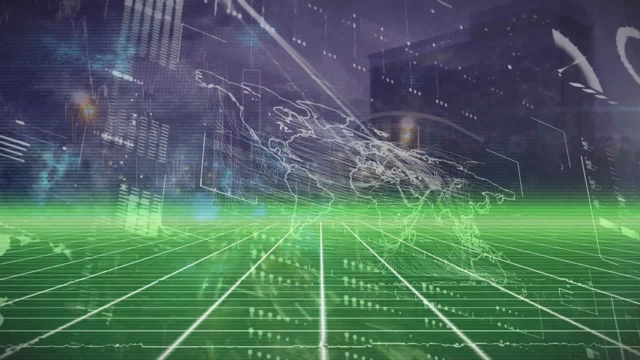 네온 라인의 애니메이션과 도시 풍경에 대한 데이터 처리.