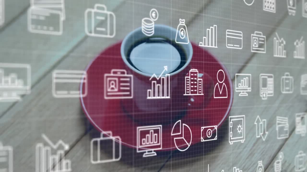 múltiples iconos digitales moviéndose cerca de una taza de café en una superficie de madera