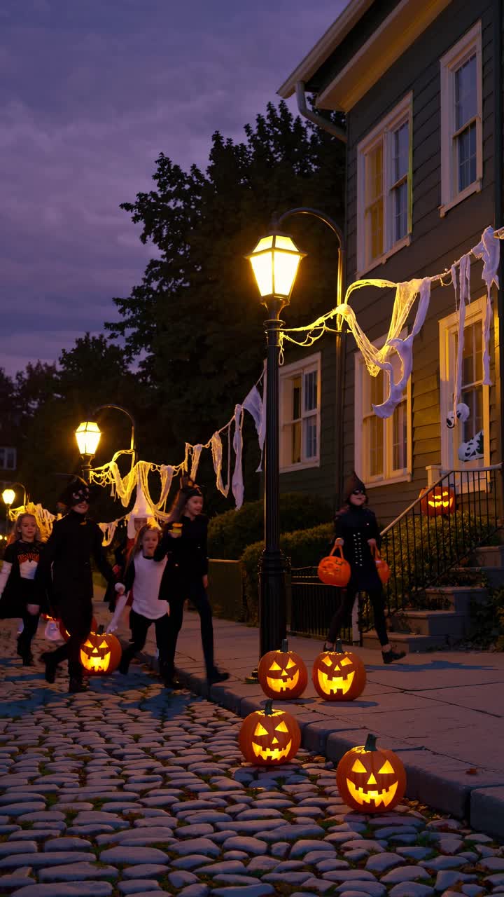 A low-angle video captures a Halloween scene with kids trick-or-treating on a cobblestone street