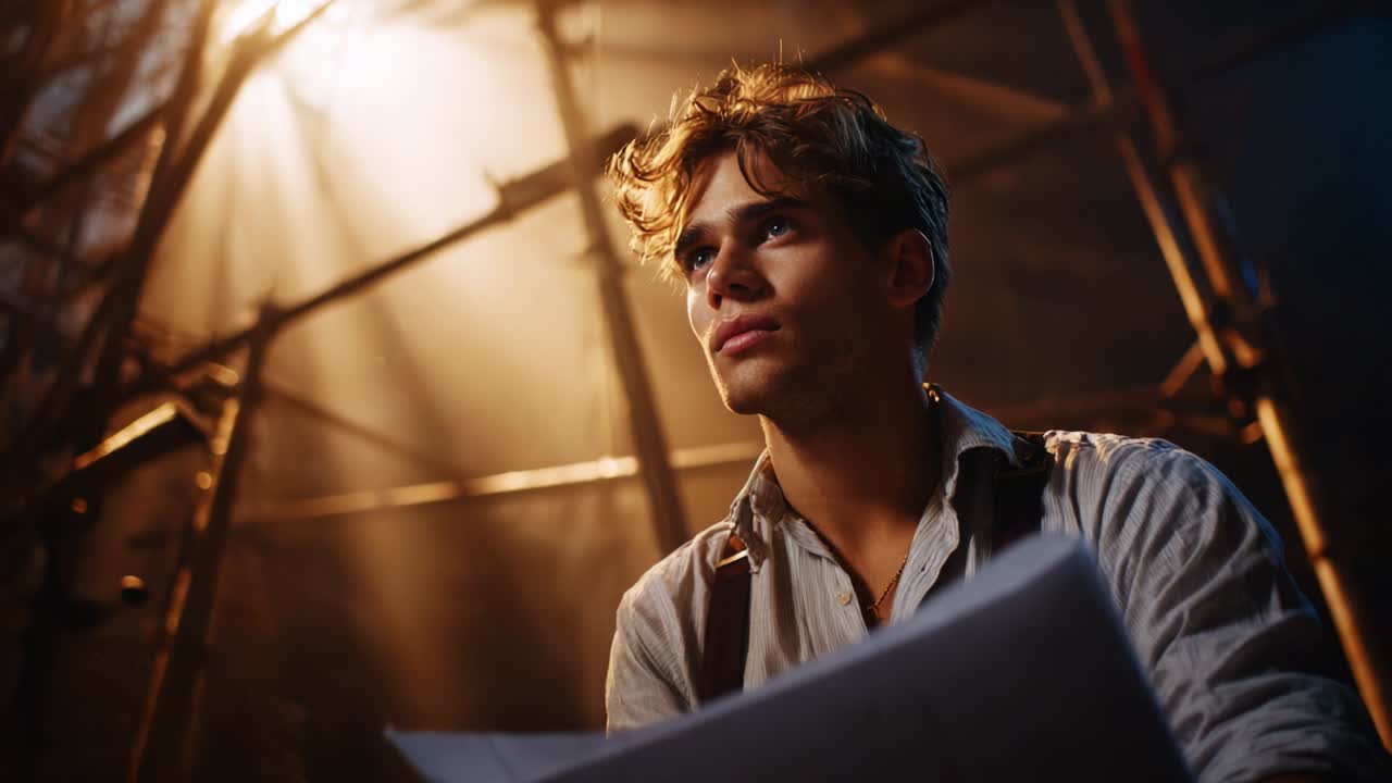 A contemplative young man sitting in a dimly lit space, gazing upward while holding a set of blueprints, bathed in warm light filtering through scaffolding, evoking creativity and inspiration