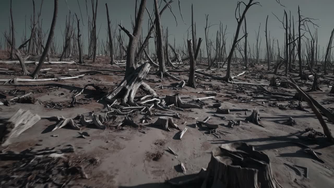 Ripresa video aerea di un paesaggio arido e desolato con alberi morti e terreno secco.