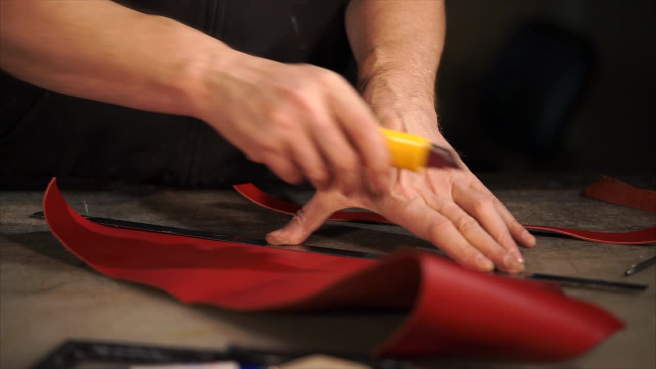 Leatherworker Cutting Red Leather