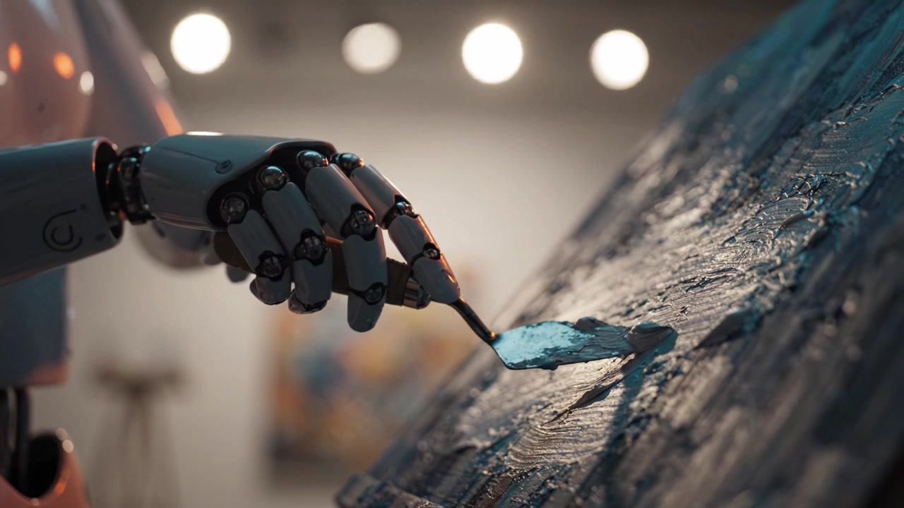 A futuristic robotic hand skillfully applies vibrant paint to a canvas, showcasing creativity and blending technology with artistry in a captivating artistic process.