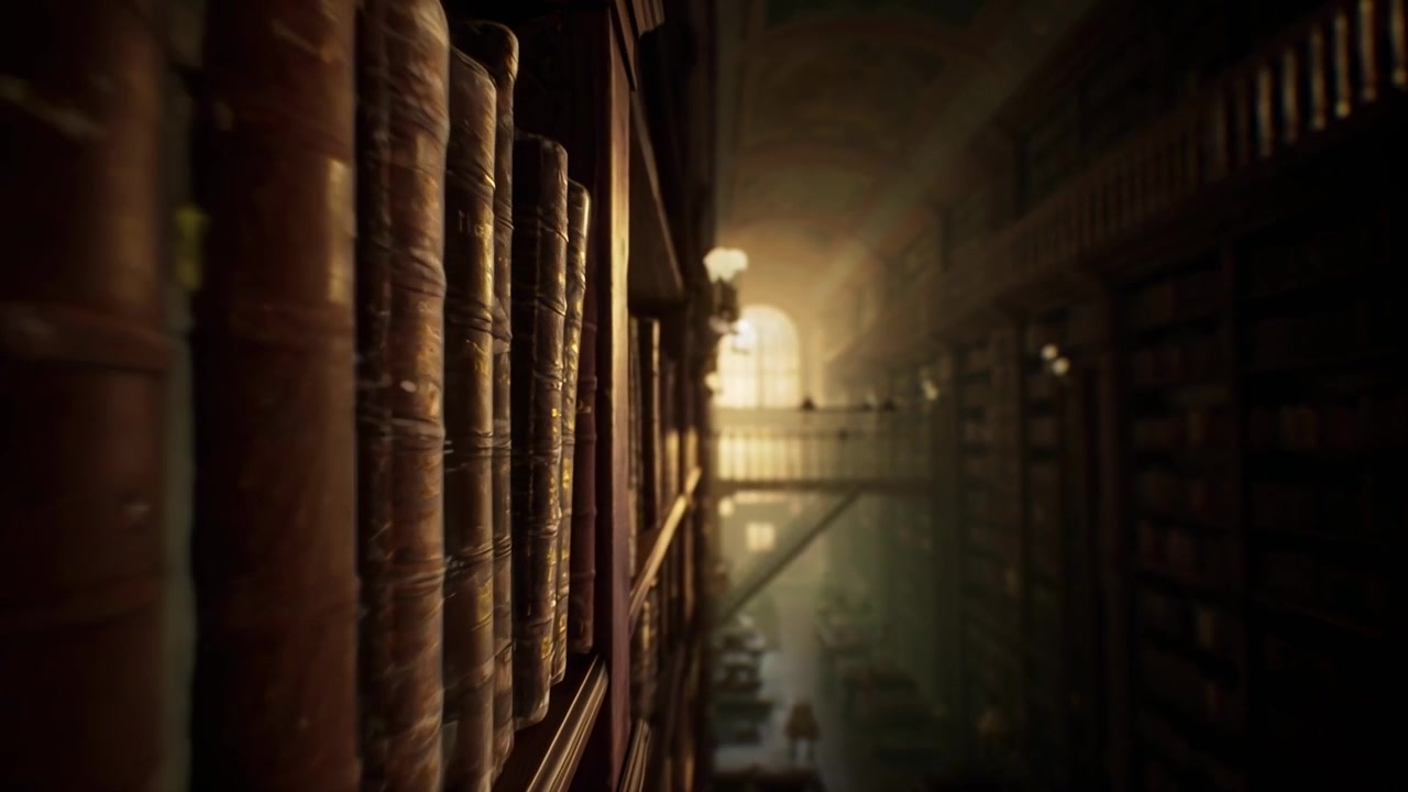 Primo piano di libri antichi su uno scaffale in una grande biblioteca storica