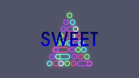 animation of sweet text and christmas tree on gray background