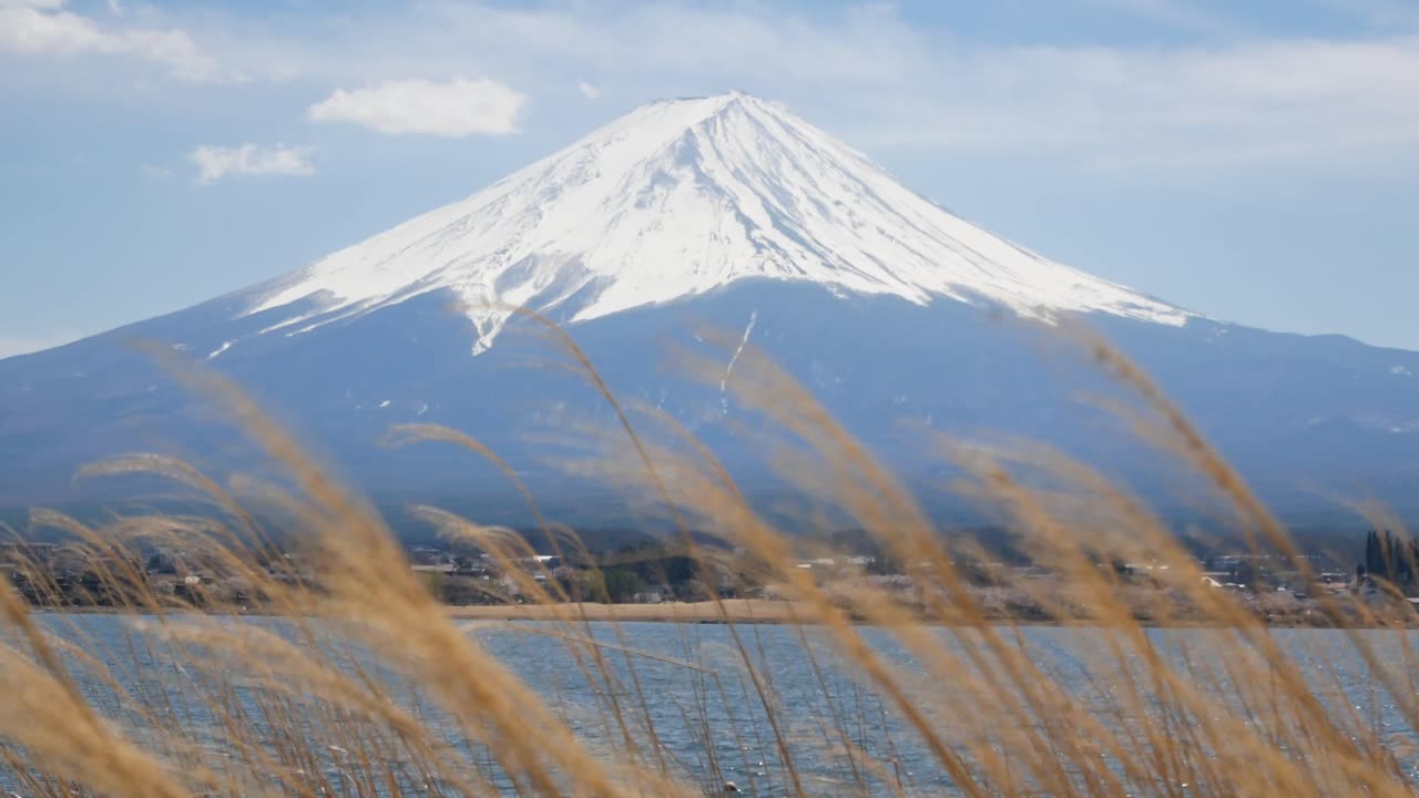 vista del paisaje natural de la montaña volcánica fuji con el lago kawaguchi en primer plano 4k uhd video filmación corta