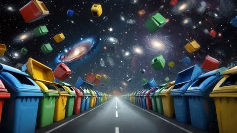 viaje por carretera a través del espacio lleno de contenedores de reciclaje