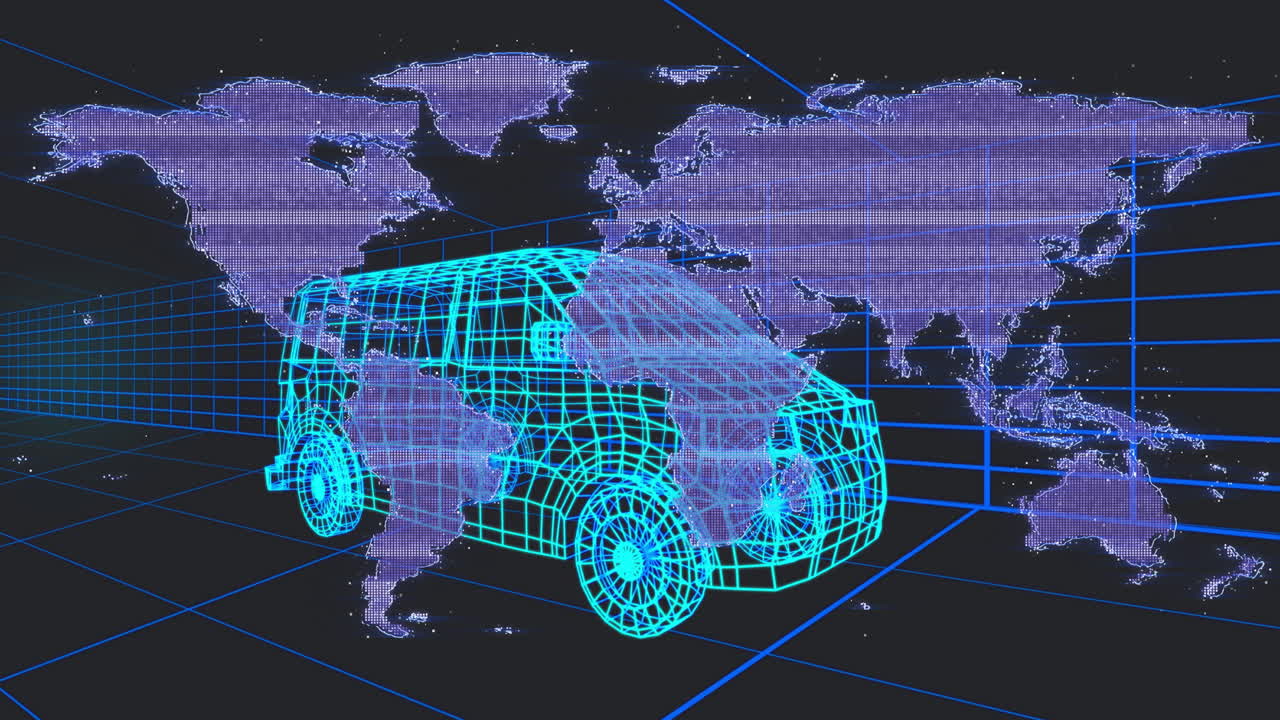Neon wireframe car orbiting purple world map with glowing virtual 3D grid lines animating