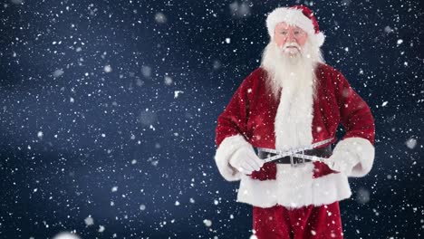 Santa-clause-measuring-himself-with-a-measure-tape-combined-with-falling-snow