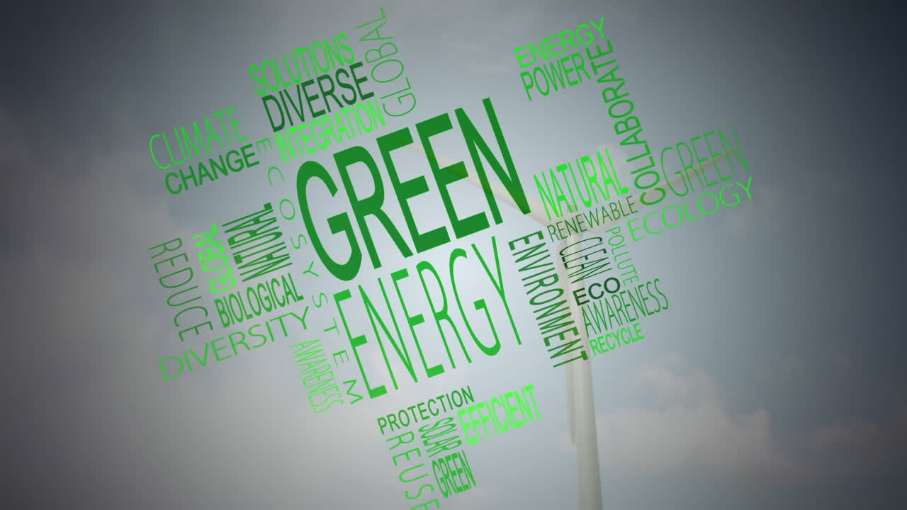 animación de palabras entorno de energía verde con turbina eólica en el fondo